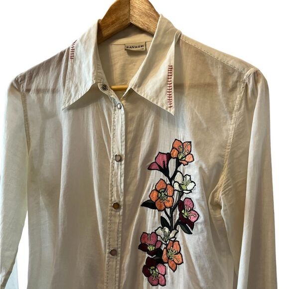 Cream Lightweight Semi Sheer Embroidered Snap Button Collared Shirt 42 - Picture 2 of 8